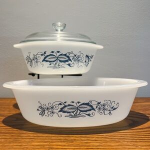 Vintage Glasbake Blue Onion 3pc Milkglass Bake Set 1 Qt Round & Oblong + Lid USA